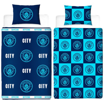 Manchester City Fc Crest Reversible Duvet Set Navy Blue/blue (Single) from B&Q