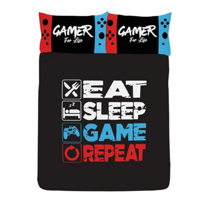  - Floso Eat Sleep Game Repeat Reversible Duvet Set Black/white/red/blue (Double)