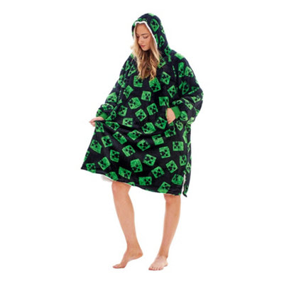  - Minecraft Unisex Adult Fleece Sherpa Lined Oversized Blanket Hoodie Black/green (One Size)