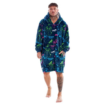  - Gamer Mens Neon Fleece Oversized Hoodie Blanket Navy/multicoloured (One Size)