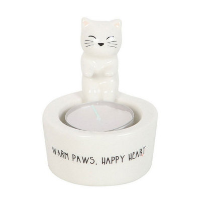 Something Different Warm Paws Happy Heart Cat Tealight Holder White (One Size) from B&Q