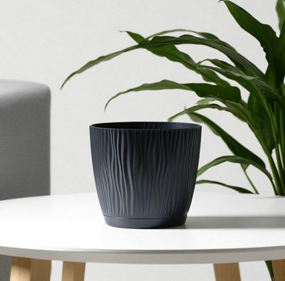 B2C Flower Pot Planter Round Plastic Wave Textured Flowerpot With Saucer Modern D12.9Cm H12Cm  Anthracite from B&Q