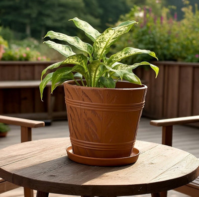 B2C Barrel Planter Flower Pot With Saucer Wood Effect Plastic Round Indoor Outdoor 25L (D38Cm H32.5Cm) Terracotta from B&Q