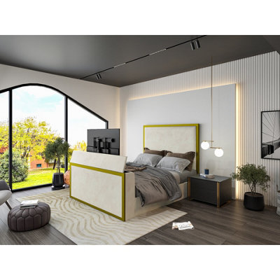  - Madrid Upholstered Electric Media  Gold & Cream White Tv Bed Frame