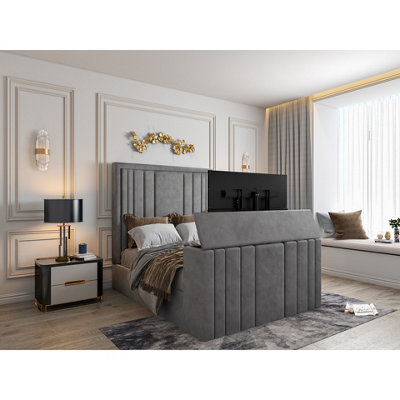  - Atom Upholstered Soft Velvet  Grey Tv Bespoke Bed Frame