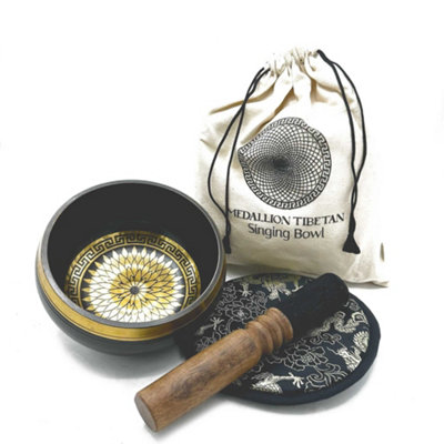 Hand Beaten & Engraved Singing Bowl Gift Set 14Cm Round Medallions Gol from B&Q