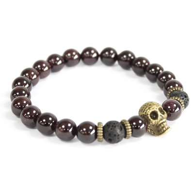 Bronze Skull / Blood Stone Gemstone Bracelet
