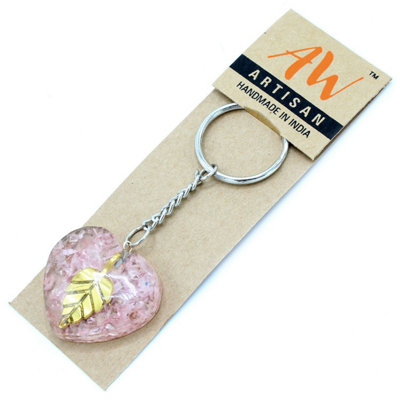  - Orgonite Power Keyring Rose Quartz Heearts Golden Leaf