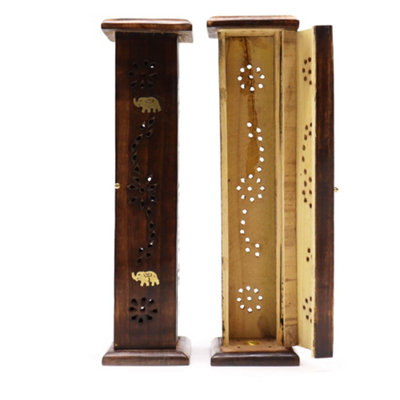  - Square Incense Tower Brass Inlay Mango Wood