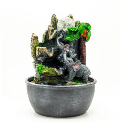 Tabletop Water Feature 25Cm Elephants & Palm Tree