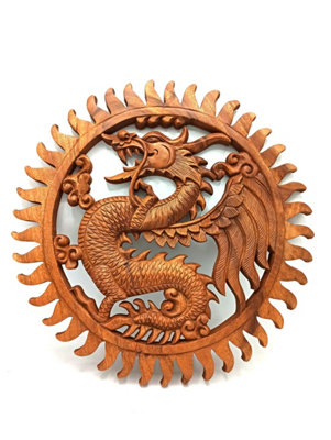 Hand-Carved 40Cm Suar Wood Dragon Panel from B&Q