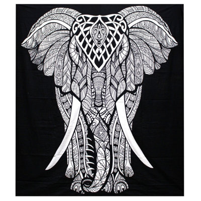 Black & White Cotton Elephant Bedspread Wall HangingHandmade Indian Decor from B&Q