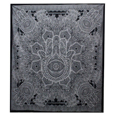 Black & White Cotton Bedspread With Hamsa Wall HangingHandmade Indian Decor from B&Q