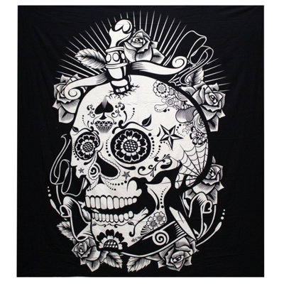 Black & White Cotton Bedspread Wall HangingRose Skull ArtHandmade India from B&Q