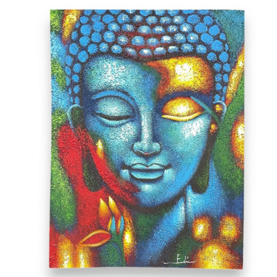 Buddha Painting Blue & Gold Flower 75X55Cm For Meditation & Decor