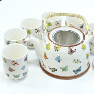 Herbal Butterfly Teapot Set With 6 CupsEco-Friendly Ceramic Gift from B&Q
