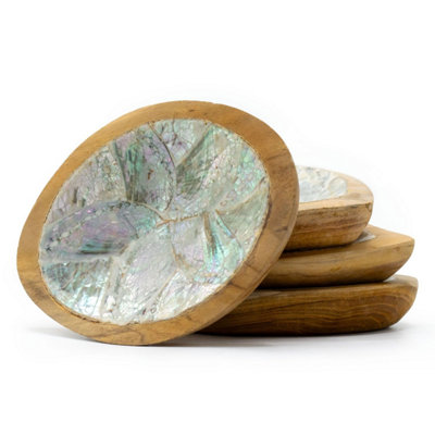 Set Of 4 Handcrafted Teak Mini Bowls With Shell DecorNatural & Elegant from B&Q