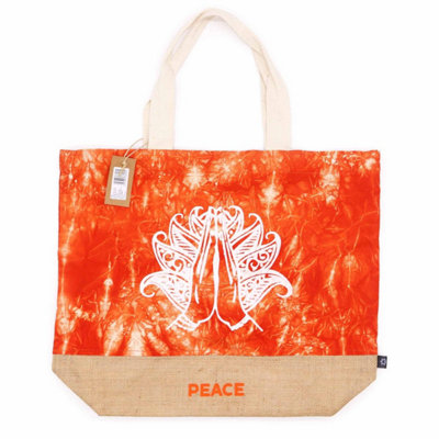  - Natural Orange Jute & Cotton Bag With Namaste & Peace Symbol
