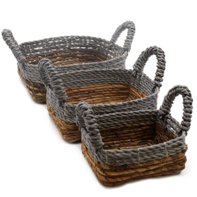  - Set Of 3 Banana Leaf & Raffia Square Baskets For Home & Decor