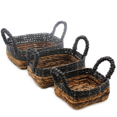  - Set Of 3 Handwoven Banana Leaf & Raffia Square Baskets For Home & Decor