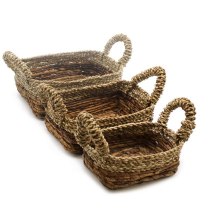  - Set Of 3 Handwoven Banana Leaf & Seagrass Baskets For Home & Office Storage