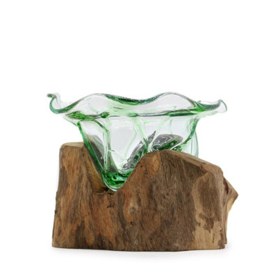  - Eco-Friendly Recycled  Bottle Glass Bowl On Wood Base