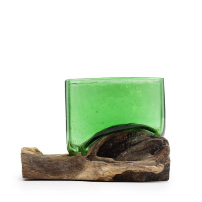  - Recycled  Bottle Square Bowl On Wooden BaseEco-Friendly Art