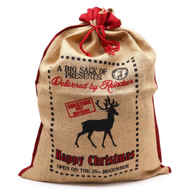 Delivered By Reindeer Festive Jute Sack For Christmas Gift Storage from B&Q