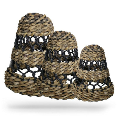  - Natural Banana Leaf & Hitam Raffia Lamp Shades Set Of 3