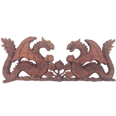 Two Facing Dragon Carving PlaqueHandcrafted Suar Wood Decor from B&Q