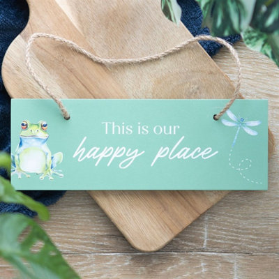 Light Green "this Is Our Happy Place" Hanging Sign With Frog & Dragonfly from B&Q