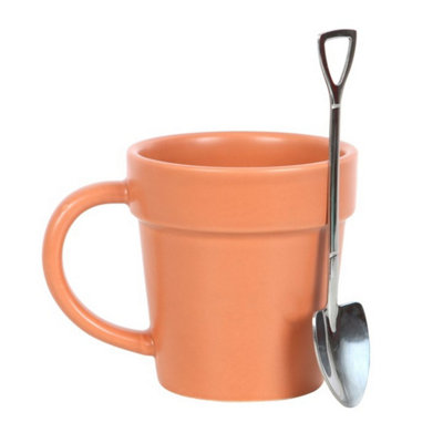 Plant Pot Ceramic Mug & Shovel Spoon SetGarden Tea Gift from B&Q