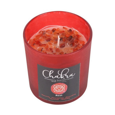 Root Chakra Candle With Strawberry Crystal Chips & Frosted Glass from B&Q