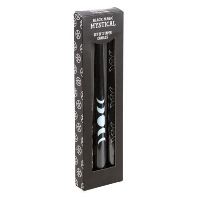Set Of 3 Black Mystical Taper Candles With Pentagram & Moon Designs from B&Q