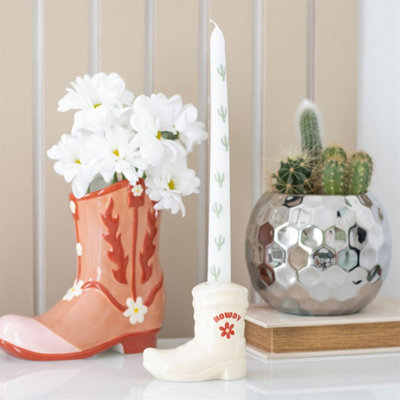 Western Cowboy Boot Candle Holder With Taper Candle & Cactus Design from B&Q