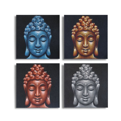 Set Of 4 Balinese Buddha Head Paintings40X40CmHandcrafted Art from B&Q