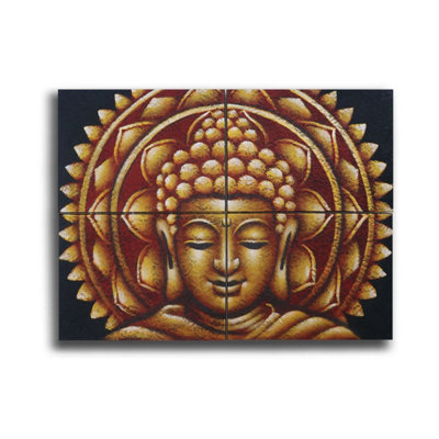 Set Of 4 Gold Buddha Mandala Canvas Art With Wooden Frames
