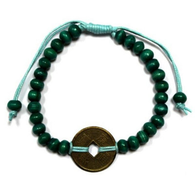 Green Feng Shui Luck Bracelets With Coins & Wood Beads For Prosperity from B&Q