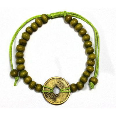  - Good Luck Feng Shui BraceletsLime Green Wooden Beads & Fortune Coins