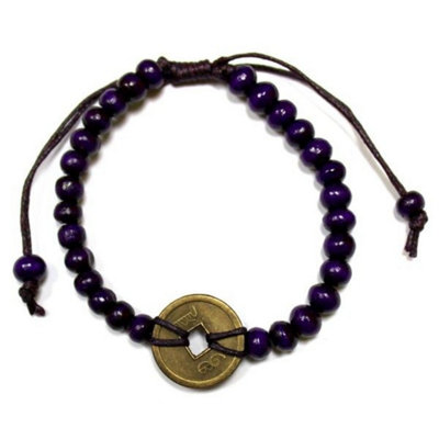 Good Luck Feng Shui Bracelet With Chinese Coins & Wood Beads For Prosperity