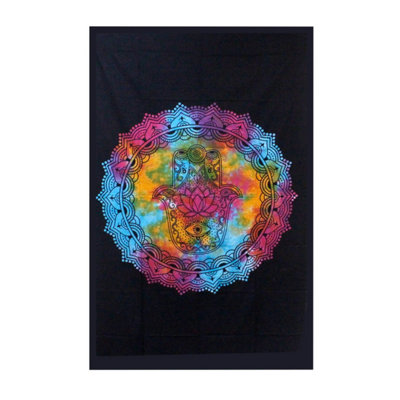 Black Hamsa Cotton Bedspread & Wall HangingHandmade Indian Decor from B&Q