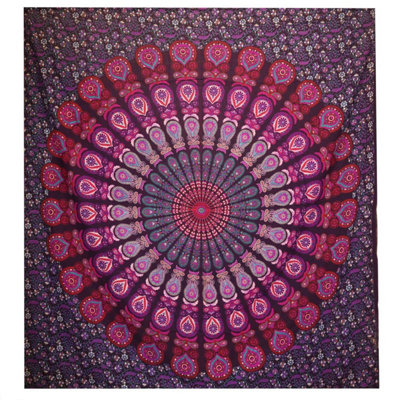 Double Cotton Bedspread & Wall HangingPeacock MandalaPurple from B&Q