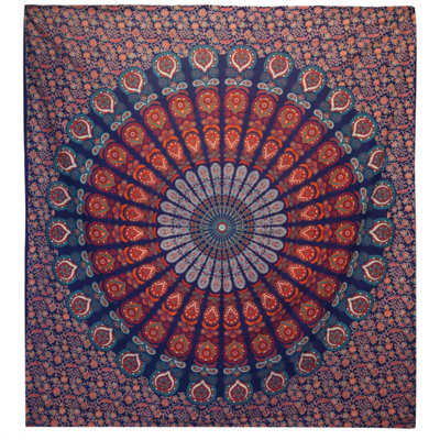 Double Cotton Bedspread & Wall HangingPeacock MandalaBlue from B&Q