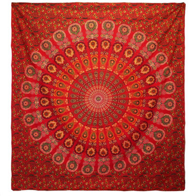 Double Cotton Bedspread & Wall HangingPeacock Mandala In Red from B&Q