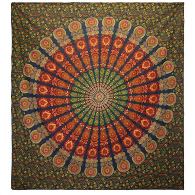 Double Cotton Bedspread & Wall HangingPeacock MandalaGreen from B&Q