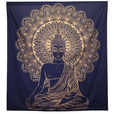 Double Cotton Bedspread & Wall HangingBuddha Blue Gold Art from B&Q