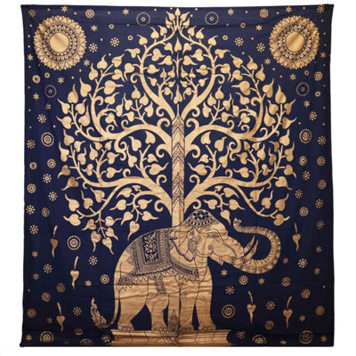  - Double Cotton Bedspread & Wall HangingElephant & TreeBlue Gold