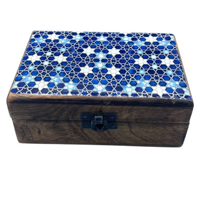 Blue Stars Ceramic & Wood BoxJewelry & Keepsake Storage (15X10X6Cm) from B&Q