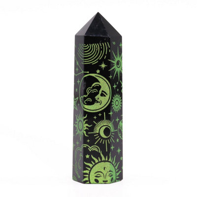 Black Obsidian Point With Forest Green Celestial DesignSpiritual & Decor