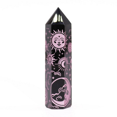 Black Obsidian Point With Rose Pink Celestial DesignSpiritual Healing Crystal